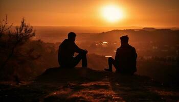 twee mensen zitten, verlicht door zonsondergang gegenereerd door ai foto