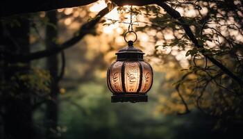 antiek lantaarn hangende van boom verlicht herfst nacht gegenereerd door ai foto