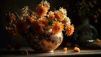 rustiek bloem arrangement Aan houten tafel binnenshuis gegenereerd door ai foto