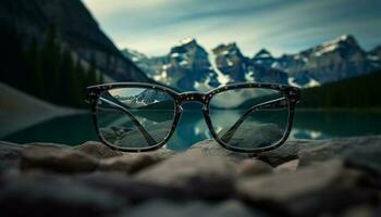 mannen zonnebril reflecteren berg top gedurende zonsondergang avontuur gegenereerd door ai foto