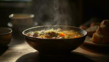 eigengemaakt groente soep in rustiek serviesgoed kom gegenereerd door ai foto