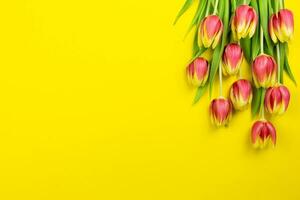 rood tulpen bloemen Aan geel achtergrond. valentijnsdag, vrouwen, moeders dag, Pasen, verjaardag, bruiloft of voorjaar vakantie vlak leggen. top visie. kopiëren ruimte. foto