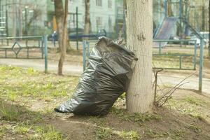 vuilnis in zak Aan straat. werf schoonmaak. zwart pakket. foto