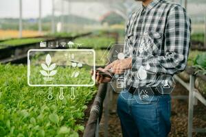 slim boer gebruik makend van toepassing door tablet concepten modern agrarisch technologie en zichtbaar icoon.slim landbouw foto