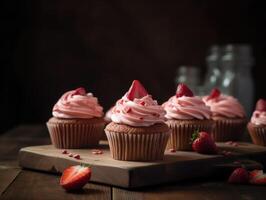 eigengemaakt roze zoet cupcakes aardbeien. generatief ai foto