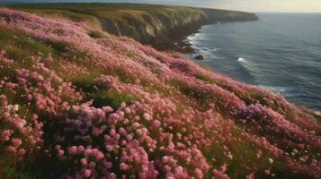 kustlijn gedekt in roze bloemen door de zee. generiek ai foto