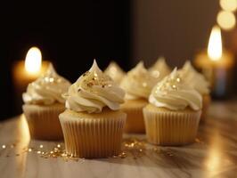 smakelijk eigengemaakt vanille cupcakes. generatief ai foto