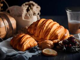 ontbijt met koffie en croissants Aan donker houten achtergrond. generatief ai foto