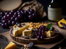 ambachtelijk kaas schotels met druiven en noten geserveerd Aan een hout bord. generatief ai foto