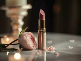prachtig roze lippenstift met bloemen achtergrond. generatief ai foto