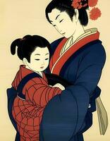 ai gegenereerd Japans moeder en zoon schilderij foto
