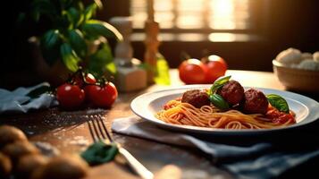 dichtbij omhoog visie van klassiek tomaat spaghetti met gehaktbal, Italiaans gerecht. generatief ai. foto