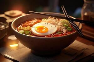 smakelijk kom van stomende Japan ramen met eieren en rundvlees, generatief ai foto