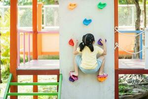 schattig Aziatisch meisje glimlach beklimming ladder en Speel Aan school- of kleuterschool werf of speelplaats. gezond zomer werkzaamheid voor kinderen. weinig Aziatisch meisje grappig gelukkig. kind spelen Aan buitenshuis speelplaats. foto