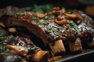 sappig ribben barbecue geserveerd met groen specerijen. zomer bbq maaltijd met smakelijk vers vlees Aan de rib botten. gegenereerd ai. foto