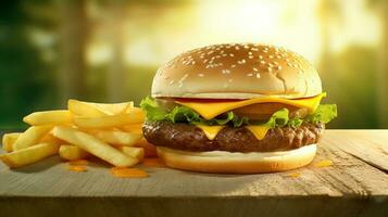 sappig smakelijk Hamburger Aan de tafel. snel voedsel beeld van een hamburger met gegrild vlees. gegenereerd ai. foto