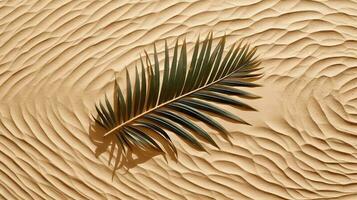 plam blad Aan de tropisch strand zand. vakantie en ontspanning concept met droog palm blad Aan de heet zomer strand. gegenereerd ai. foto