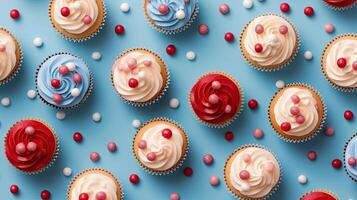 4e van juli themed cupcakes tegen een pastel achtergrond, ai gegenereerd foto