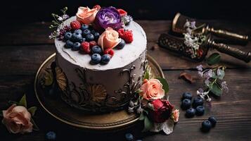 mooi bruiloft taart versierd met bloemen en bessen, ai gegenereerd foto
