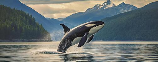 moordenaar walvis overtreden uit van water, ai gegenereerd foto