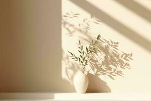 minimalistisch abstract licht beige muur met licht en ingewikkeld schaduw van de venster en vegetatie Aan muur. bloem pot met fabriek. generatief ai foto