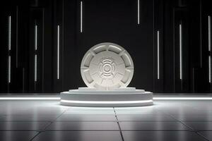 3d geven wit sci-fi Product Scherm podium met achtergrond futuristische foto