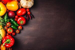 tafel voedsel achtergrond gezond Koken vegetarisch markt groente vers donker ingrediënt. generatief ai. foto