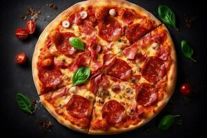 voedsel voedsel kaas pizza kopiëren maaltijd tomaat snel zwart achtergrond Italiaans eigengemaakt ruimte. generatief ai. foto