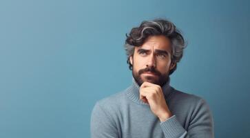 portret van een jong volwassen mannetje in attent houding, hand- Aan kin, ogen op zoek omhoog, staand tegen de licht blauw muur in studio. kopiëren ruimte. ai generatief foto