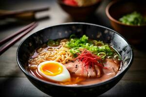 ramen Aziatisch Japans groente soep maaltijd kom noodle voedsel eetstokje. generatief ai. foto