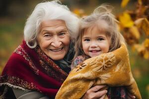 grootmoeder met kleindochter Toneelstukken in de herfst park. detailopname portret. generatief ai illustratie. foto
