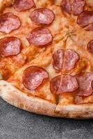 smakelijk vers pizza met salami, kaas, tomaten, specerijen en zout foto