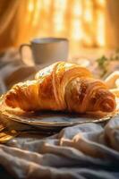 voedsel bokeh achtergrond croissant drinken ontbijt ochtend- kop bakkerij eetcafe achtergrond tafel. generatief ai. foto