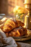 drinken ochtend- bokeh voedsel kop bakkerij hout ontbijt tafel croissant achtergrond achtergrond. generatief ai. foto