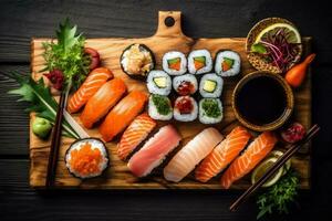 voedsel rijst- vers gezond vis Aziatisch rollen sushi Japans zeevruchten. generatief ai. foto