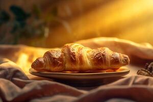 bakkerij drinken croissant voedsel kop ontbijt tafel achtergrond ochtend- bokeh achtergrond maaltijd. generatief ai. foto