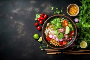 noodle achtergrond heet kom voedsel Azië groente maaltijd soep Aziatisch Japans. generatief ai. foto