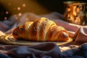 kop drinken Frankrijk tafel voedsel achtergrond bokeh bakkerij ochtend- achtergrond croissant ontbijt. generatief ai. foto
