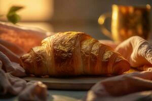 drinken tafel voedsel achtergrond ontbijt ochtend- kop rook achtergrond bakkerij croissant bokeh. generatief ai. foto