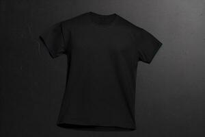zwart t-shirt Aan zwart achtergrond. mockup voor ontwerp ai generatief foto