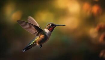 iriserend rufous kolibrie zweeft midden lucht, bestuiven bloem gegenereerd door ai foto