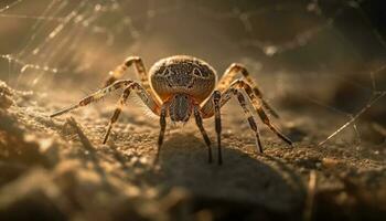 harig spin kruipen Aan bedauwd spin web gegenereerd door ai foto