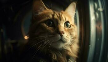 pluizig katje staren uit venster, speels nieuwsgierigheid gegenereerd door ai foto