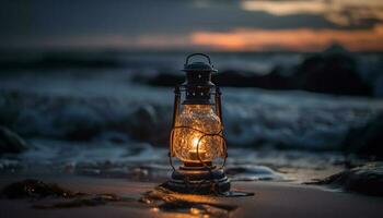 gloeiend lantaarn verlicht oud fashioned metaal uitrusting Bij schemer gegenereerd door ai foto