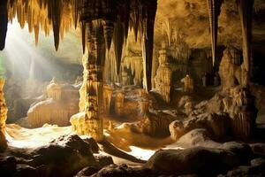 voorraad foto van een ontwerp binnen grot tonen stalactieten en stalagmieten fotografie gegenereerd ai