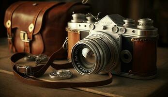 oud fashioned camera zit Aan houten tafel tijdloos elegantie gegenereerd door ai foto