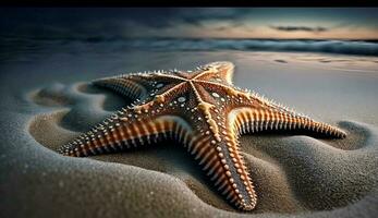 zeester Aan zand dichtbij omhoog van stekelhuidig ster vorm gegenereerd door ai foto