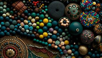 multi gekleurde ballen met abstract patronen glimmend sieraden gegenereerd door ai foto
