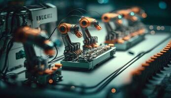 futuristische robot arm in elkaar zetten computer chips in fabriek gegenereerd door ai foto
