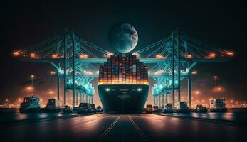 nacht vervoer industrie auto Verzending Aan donker schip gegenereerd door ai foto